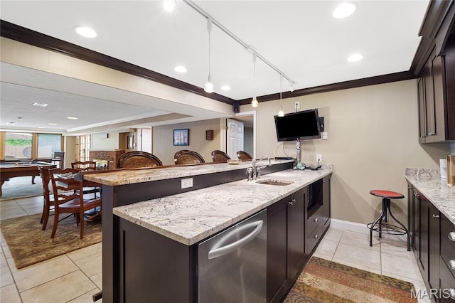 12935 Topping Estates Dr, Town And Country, MO 63131 - kitchen with a sink, a peninsula, crown molding, stainless steel dishwasher, and light tile patterned floors