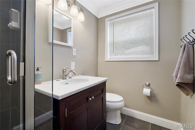 12935 Topping Estates Dr, Town And Country, MO 63131 - bathroom with ornamental molding, vanity, toilet, tile patterned flooring, and baseboards