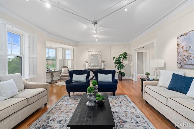 living room with rail lighting, wood finished floors, and crown molding