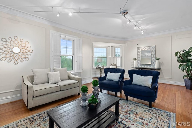 living room with track lighting, wood finished floors, ornamental molding, and baseboards