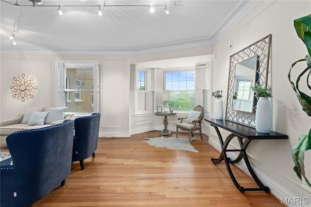 sitting room featuring track lighting, light wood finished floors, and ornamental molding