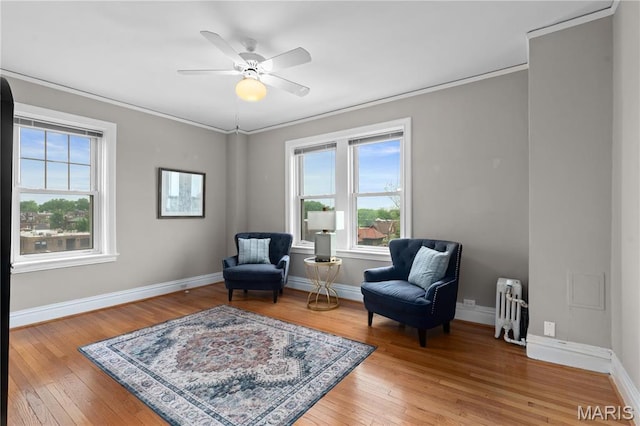 living area with radiator heating unit, healthy amount of natural light, ornamental molding, and light wood-type flooring