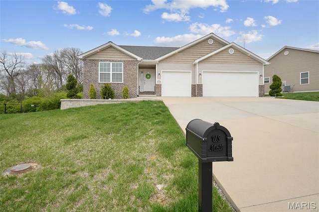 1007 Crows Nest Ct, Caseyville, IL 62232 - ranch-style home with driveway, an attached garage, a front lawn, brick siding, and central AC