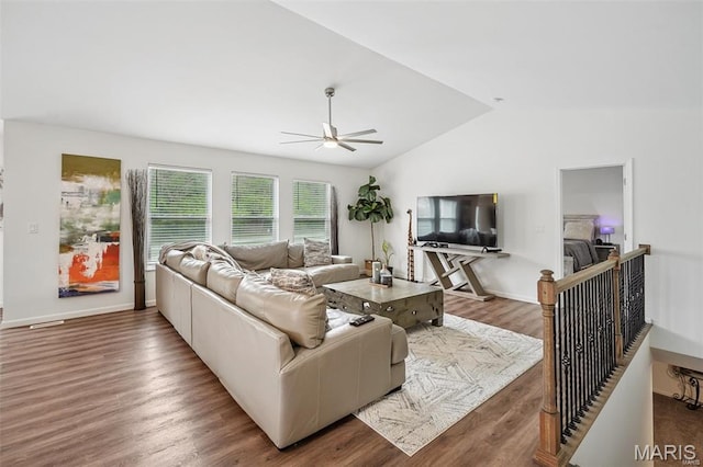 1007 Crows Nest Ct, Caseyville, IL 62232 - living area with ceiling fan, vaulted ceiling, wood finished floors, and baseboards