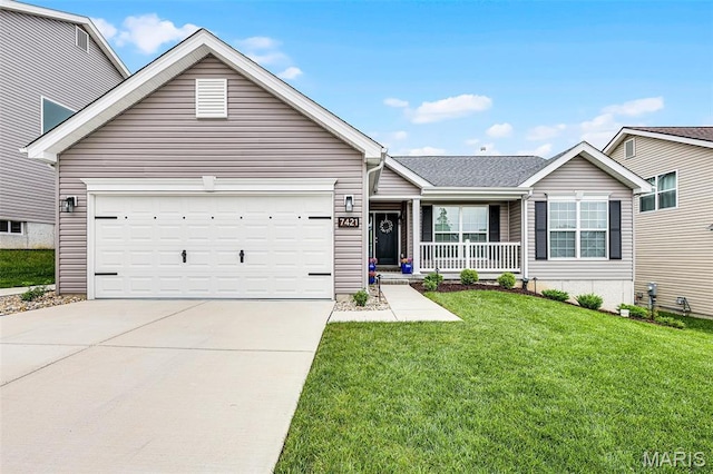 7421 Shadow Point Dr, Saint Louis, MO 63129 - single story home with covered porch, concrete driveway, a front yard, and a garage
