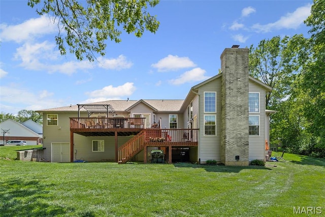 rear view of house featuring a wooden deck, stairway, a chimney, a lawn, and a pergola