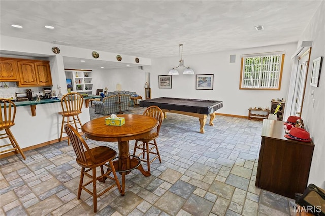 dining room with baseboards, billiards, light stone finish flooring, and recessed lighting