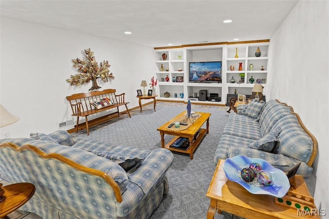 living room with carpet flooring and recessed lighting