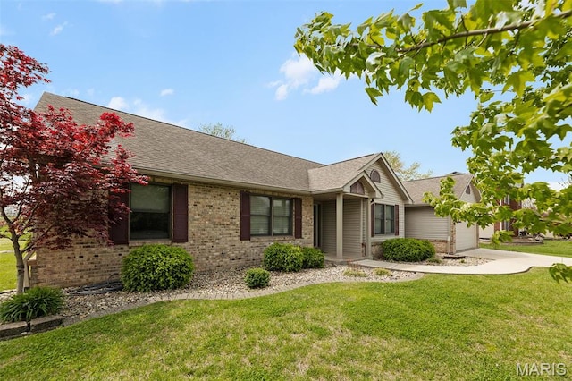 3708 Rhetts Lndg, Shiloh, IL 62221 - ranch-style home with brick siding, a front yard, a garage, and a shingled roof