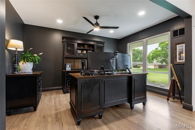 office area featuring a ceiling fan, light wood-style flooring, recessed lighting, and baseboards
