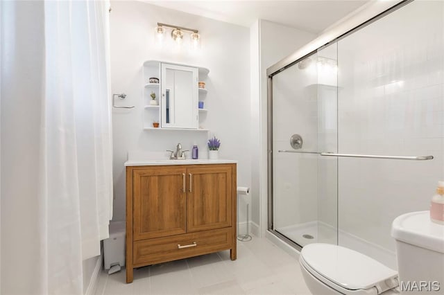full bath featuring toilet, a shower stall, and vanity
