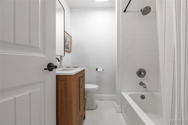 bathroom with toilet, tile patterned flooring, baseboards, vanity, and shower / bathtub combination with curtain