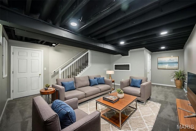 5541 Wavecrest Cir, Saint Charles, MO 63304 - carpeted living room featuring stairway, baseboards, and recessed lighting