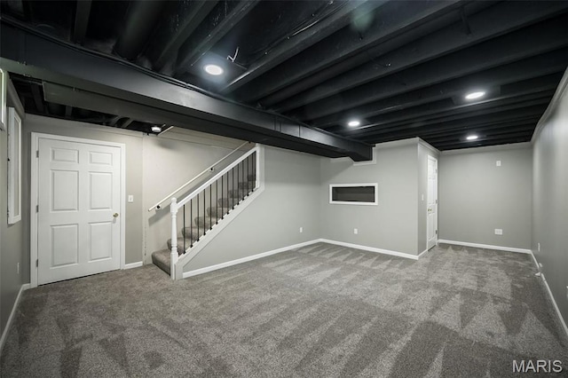 5541 Wavecrest Cir, Saint Charles, MO 63304 - finished basement featuring carpet flooring, stairway, and baseboards