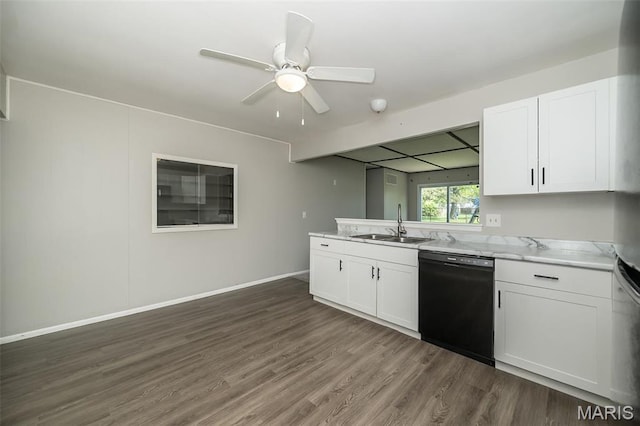 525 Angelus Dr, Florissant, MO 63031 - kitchen featuring dishwasher, a sink, dark wood finished floors, and white cabinetry