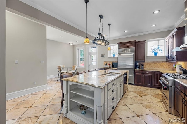 2612 S Compton Ave, Saint Louis, MO 63118 - kitchen featuring high end appliances, open shelves, crown molding, plenty of natural light, and light tile patterned flooring