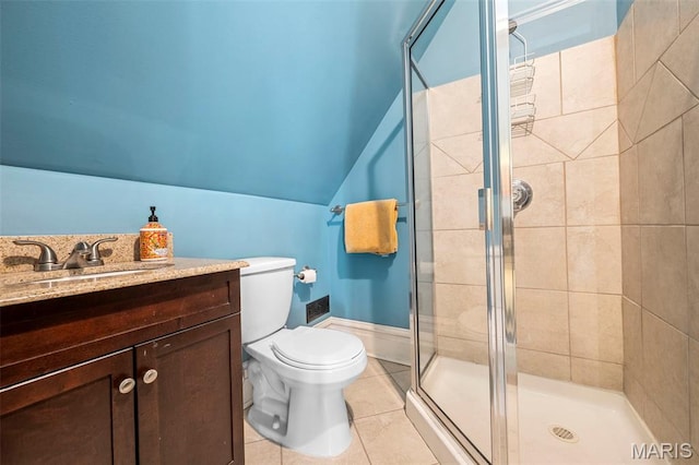 2612 S Compton Ave, Saint Louis, MO 63118 - bathroom with lofted ceiling, a stall shower, tile patterned flooring, and vanity