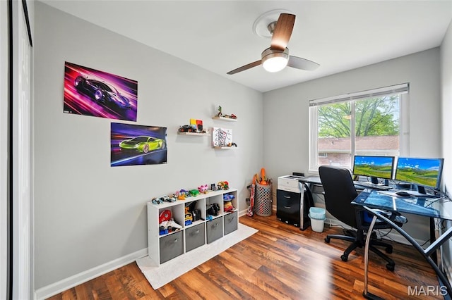 10566 Carroll Wood Way, Saint Louis, MO 63128 - office area featuring wood finished floors, baseboards, and ceiling fan