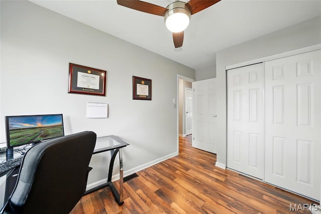 10566 Carroll Wood Way, Saint Louis, MO 63128 - office area with ceiling fan, wood finished floors, and baseboards