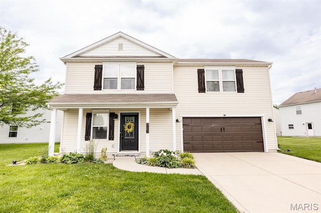 traditional-style house with an attached garage, a front yard, concrete driveway, and covered porch