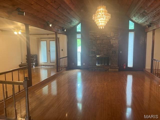 3106 Mimosa St, Cape Girardeau, MO 63701 - unfurnished living room featuring plenty of natural light, wood finished floors, wooden ceiling, a chandelier, and high vaulted ceiling