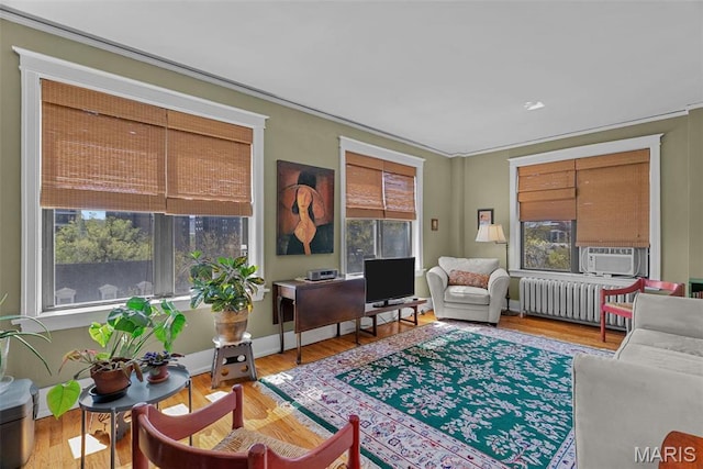 4501 Maryland Ave Unit 603, Saint Louis, MO 63108 - living room with radiator, cooling unit, and wood finished floors
