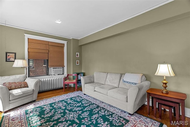 4501 Maryland Ave Unit 603, Saint Louis, MO 63108 - living room with radiator heating unit, wood finished floors, cooling unit, and ornamental molding