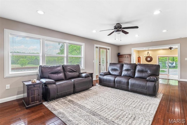 5259 US Highway 61, Bloomsdale, MO 63627 - living area featuring ceiling fan, baseboards, dark wood-type flooring, plenty of natural light, and recessed lighting