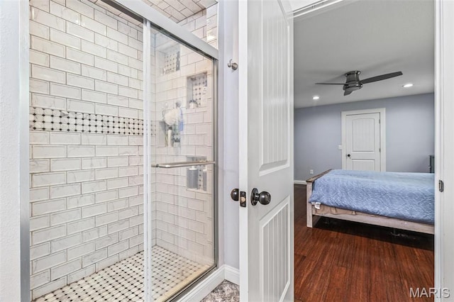 5259 US Highway 61, Bloomsdale, MO 63627 - ensuite bathroom with a shower stall, baseboards, wood finished floors, ceiling fan, and recessed lighting