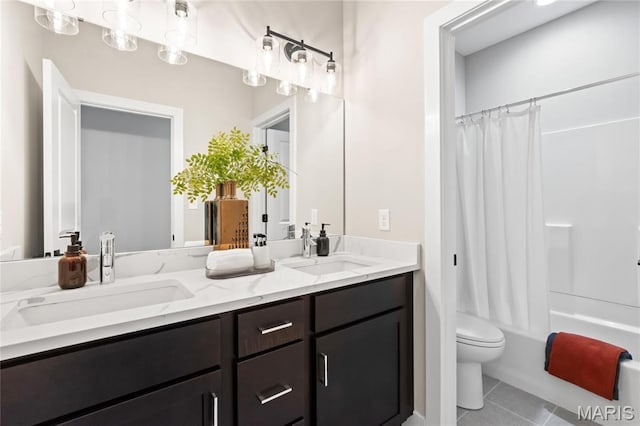 2734 S 59th St, Saint Louis, MO 63139 - full bathroom with tile patterned flooring, double vanity, toilet, and shower / tub combo with curtain