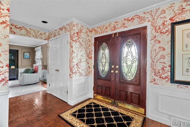 19 Sackston Woods Ln, Saint Louis, MO 63141 - foyer with wainscoting, crown molding, and wallpapered walls