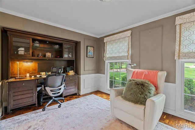 19 Sackston Woods Ln, Saint Louis, MO 63141 - office with ornamental molding, a decorative wall, and a wainscoted wall