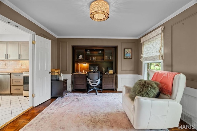 19 Sackston Woods Ln, Saint Louis, MO 63141 - office space with crown molding, a decorative wall, and wainscoting