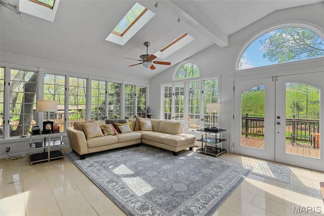 19 Sackston Woods Ln, Saint Louis, MO 63141 - sunroom featuring french doors, a skylight, tile patterned floors, and high vaulted ceiling