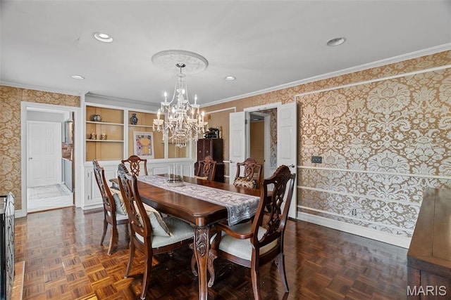 19 Sackston Woods Ln, Saint Louis, MO 63141 - dining room with wallpapered walls, a chandelier, baseboards, recessed lighting, and crown molding