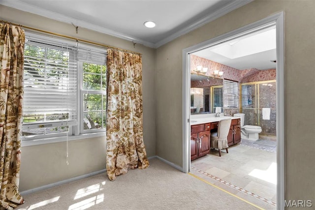 19 Sackston Woods Ln, Saint Louis, MO 63141 - bathroom featuring ornamental molding, toilet, a shower stall, vanity, and baseboards