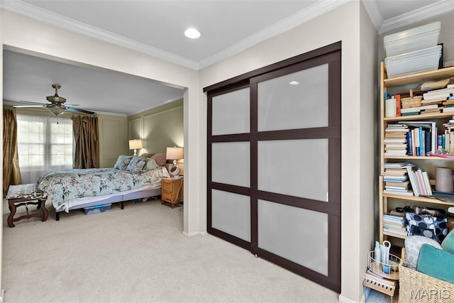 19 Sackston Woods Ln, Saint Louis, MO 63141 - bedroom with light colored carpet, ornamental molding, a ceiling fan, and recessed lighting