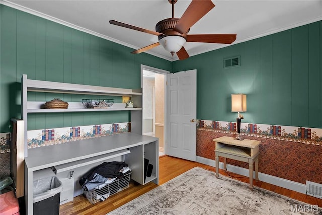 19 Sackston Woods Ln, Saint Louis, MO 63141 - home office featuring wood finished floors, a ceiling fan, ornamental molding, and baseboards