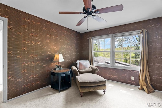 19 Sackston Woods Ln, Saint Louis, MO 63141 - sitting room with carpet, ceiling fan, wallpapered walls, and baseboards