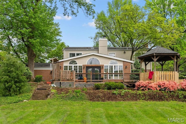 19 Sackston Woods Ln, Saint Louis, MO 63141 - rear view of property with a gazebo, a deck, a yard, brick siding, and a chimney