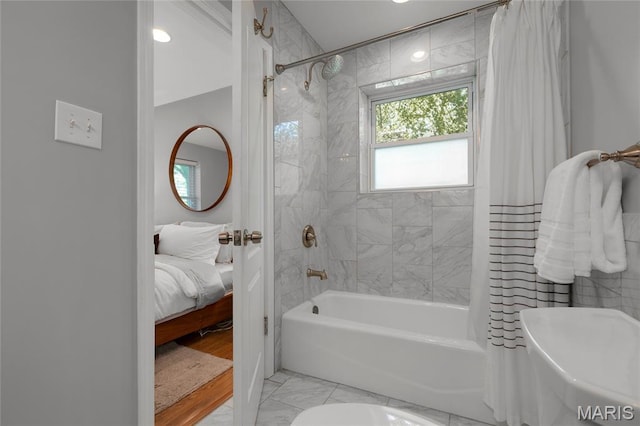 1345 Cheshire Ln, Webster Groves, MO 63119 - bathroom featuring shower / bathtub combination with curtain and marble look tiles