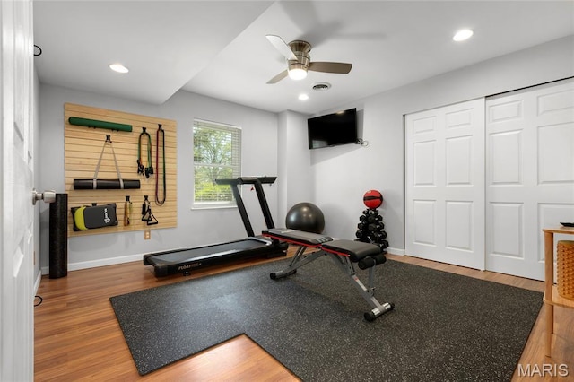 1345 Cheshire Ln, Webster Groves, MO 63119 - exercise room featuring a ceiling fan, wood finished floors, baseboards, and recessed lighting