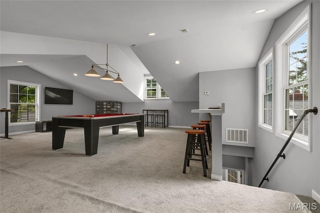 1345 Cheshire Ln, Webster Groves, MO 63119 - playroom with lofted ceiling, carpet flooring, pool table, recessed lighting, and baseboards