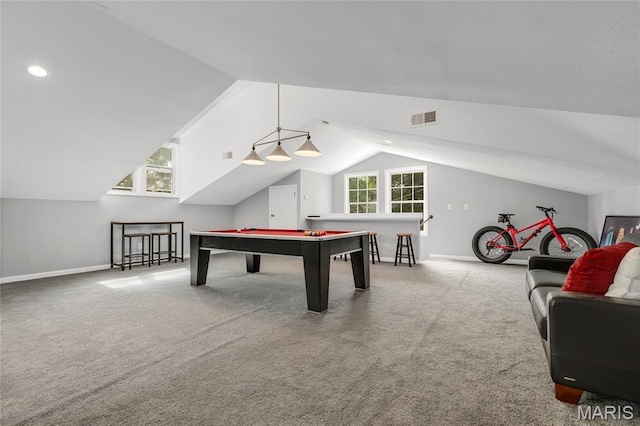 1345 Cheshire Ln, Webster Groves, MO 63119 - game room featuring lofted ceiling, billiards table, baseboards, carpet flooring, and recessed lighting
