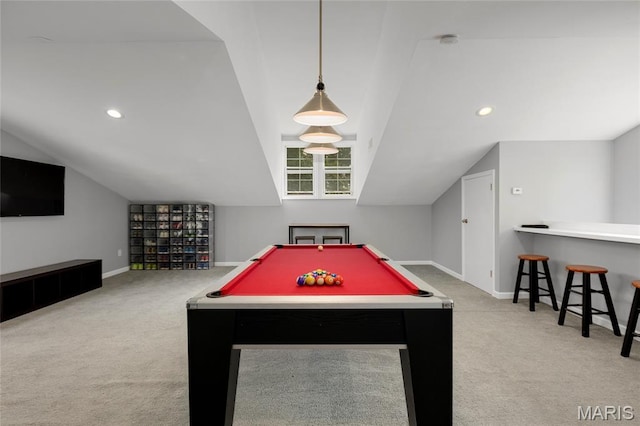 1345 Cheshire Ln, Webster Groves, MO 63119 - game room featuring vaulted ceiling, carpet flooring, baseboards, pool table, and recessed lighting
