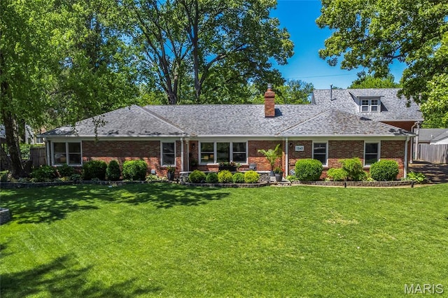 1345 Cheshire Ln, Webster Groves, MO 63119 - ranch-style house with brick siding, a chimney, and a shingled roof