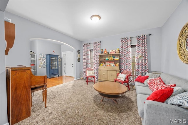 carpeted living room featuring arched walkways