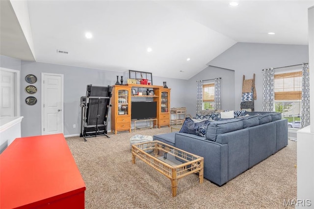 living area featuring carpet flooring, vaulted ceiling, recessed lighting, and baseboards