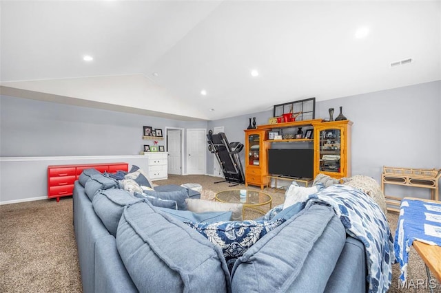 carpeted living area with vaulted ceiling, recessed lighting, and baseboards