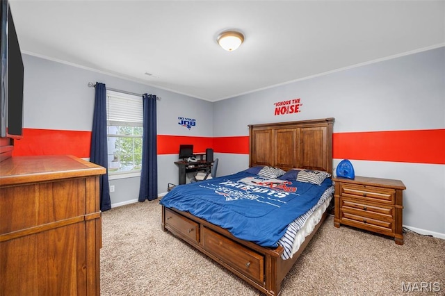 bedroom with light carpet, baseboards, and ornamental molding